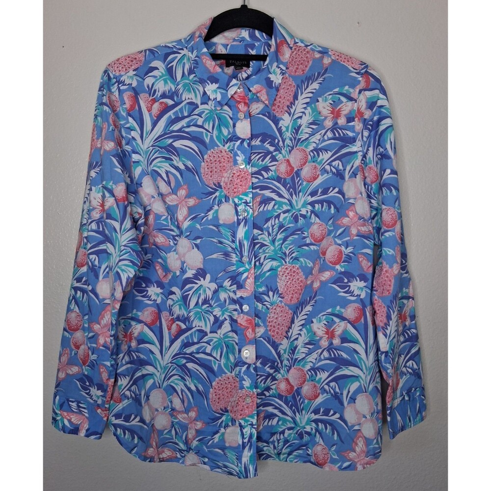 Talbots Blue Tropical Print Button Up Top Blouse Floral Pineapple Butterfly LP